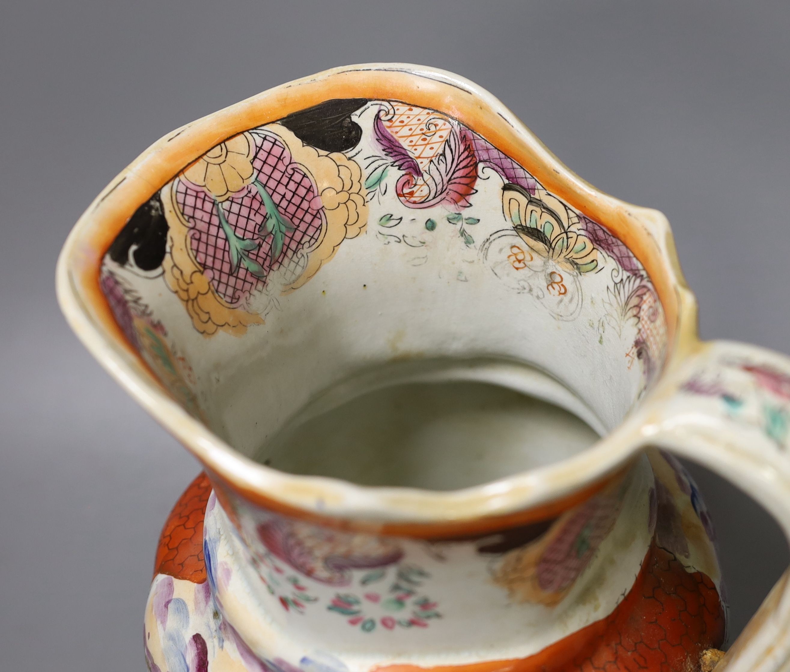 A large Mason's Ironstone chinoiserie jug, c.1830, printed and enamelled, 23cm.